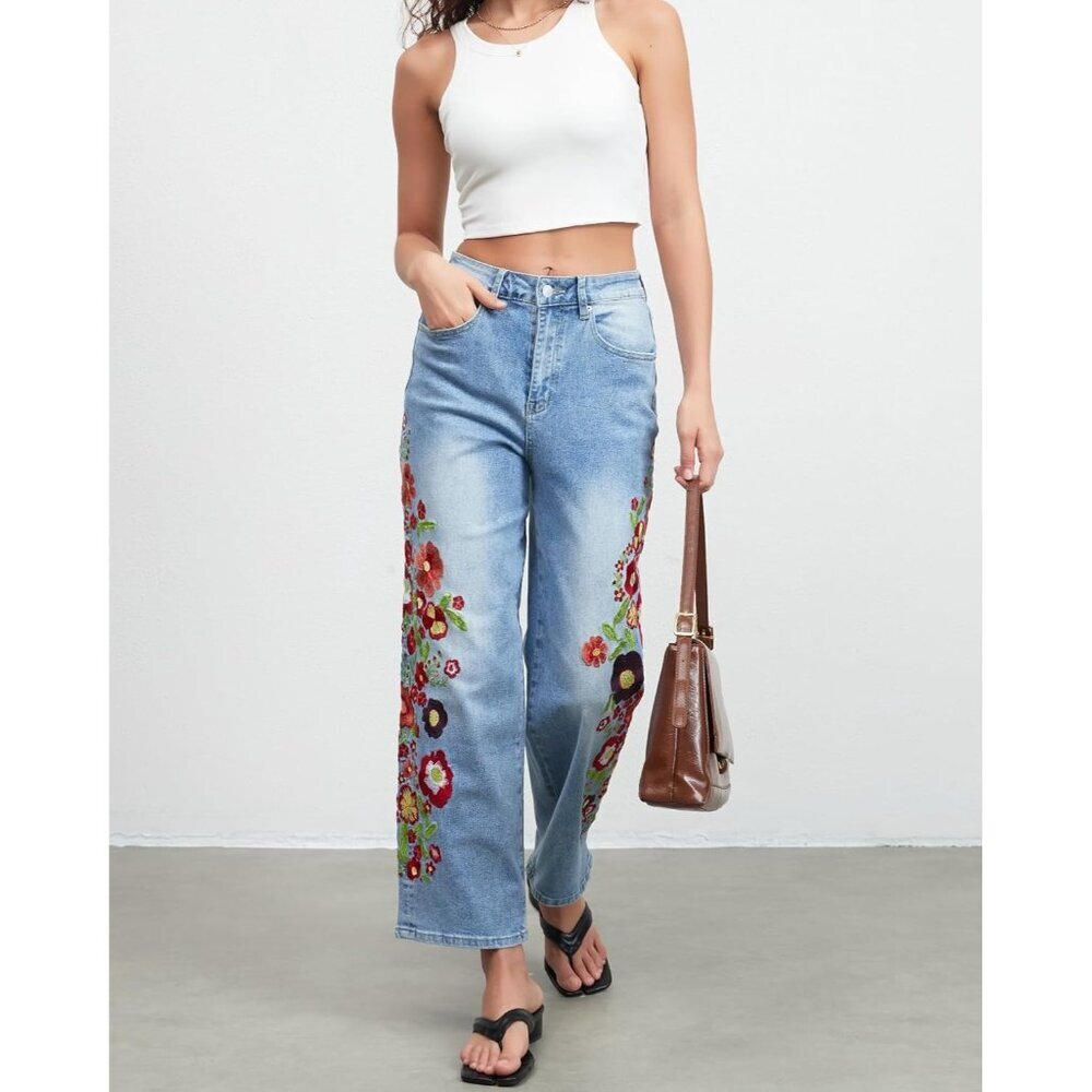 Women’s Cropped Denim Jeans Floral Print Mid Rise Straight Leg Casual - Picture 3 of 7